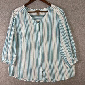 Chico's Top Women 2 White Blue Stripe 3/4 Sleeve Button Front Casual Blouse NWOT
